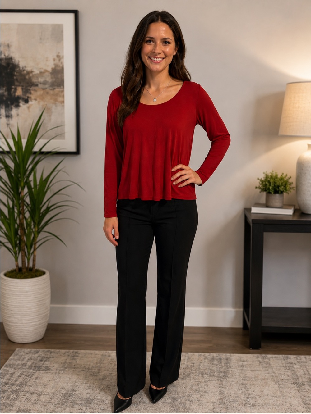 Eileen Fisher Red 100% Silk Long Sleeve Scoop Neck Top Blouse Size Large
